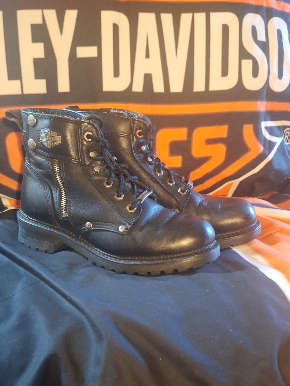 Harley-Davidson Women's Black Leather Lace-Up Zip Combat Boots